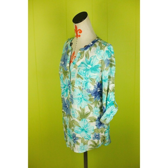 Ecco Bay Sz M Womens Linen/Rayon Tunic Shirt V-neck Roll Tab Pockets Floral EUC - Picture 3 of 10